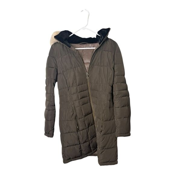 Calvin Klein Womens Faux Fur Trim Hooded Full Zipper Puffer Jacket Brown Size S - Picture 1 of 9